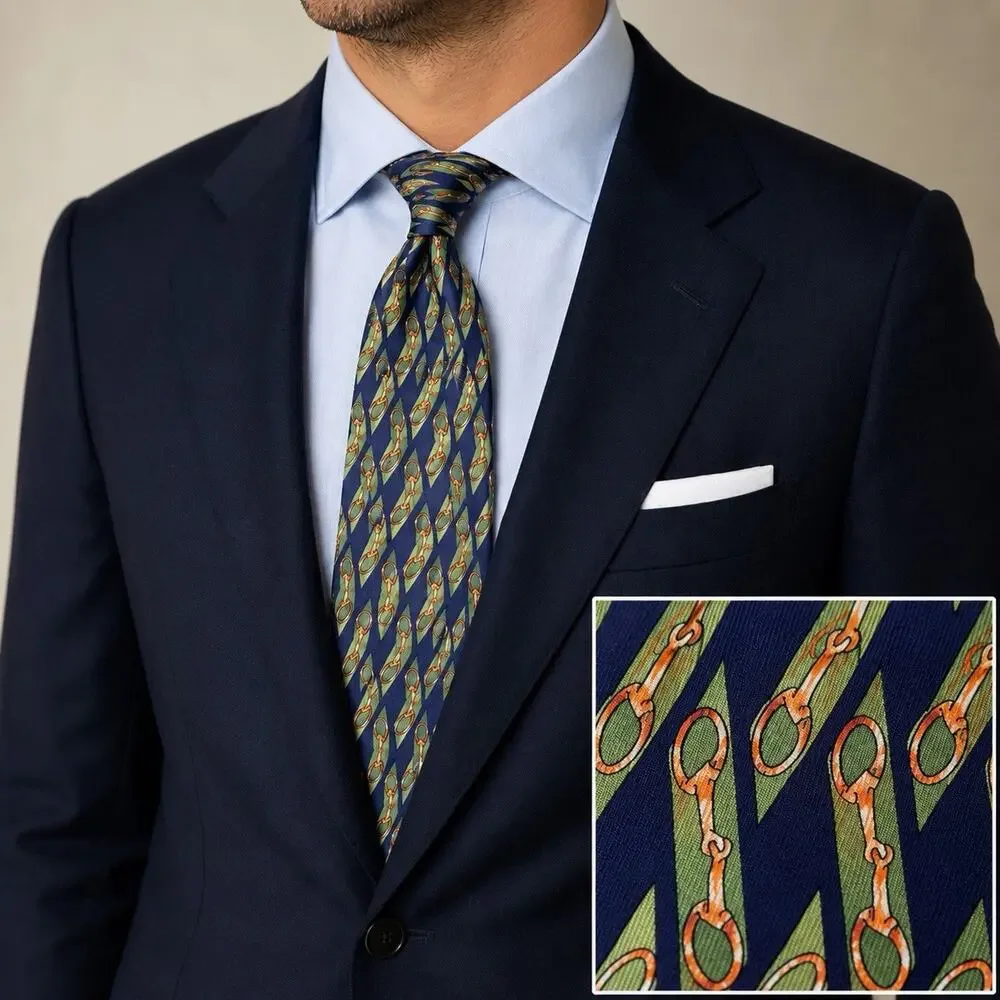 Gucci Silk Horsebit Equestrian Tie Navy Green Orange Made in Italy Luxury NWOT